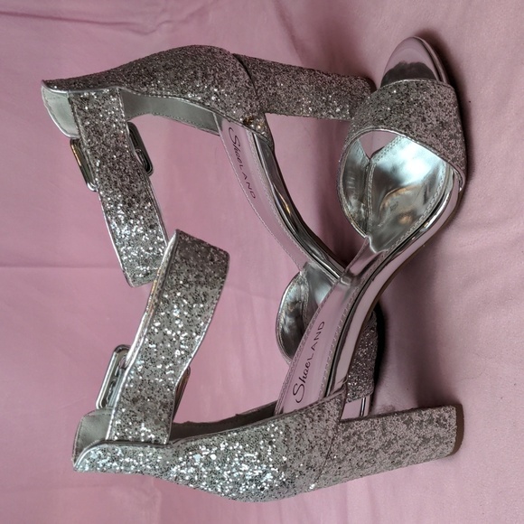 Shoe Land Silver Glitter Sparkly Open Toe Ankle Strap No Rumors Heels size 10 - Picture 5 of 8
